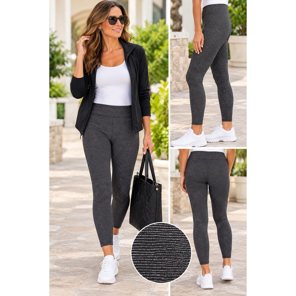 LOFT Medium Metallic Silver Shimmer Leggings Black Gray Ankle Pull On High Rise